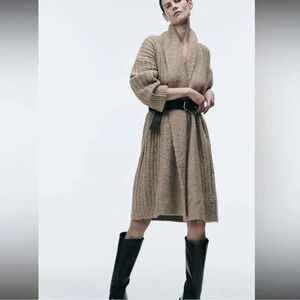 Zara Taupe Belted Knit Cardigan